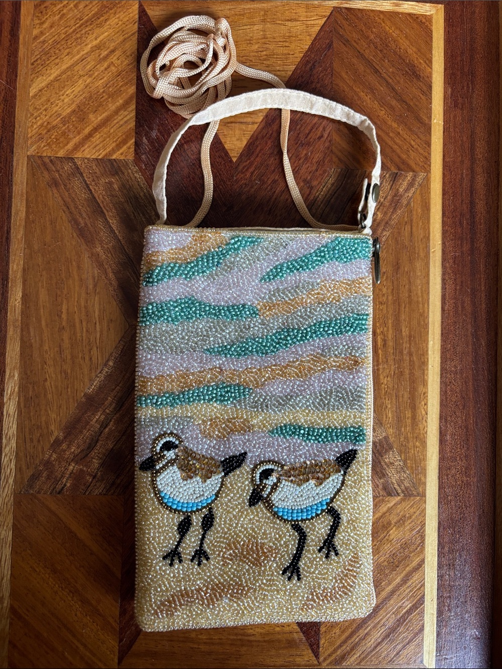 Bamboo Trading Compang Beaded Bird Phone Crossbody Bag in Beige and Teal